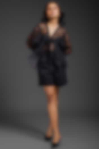 Black Sheer Organza Neon Work Shirt by Deepika Arora at Pernia's Pop Up Shop