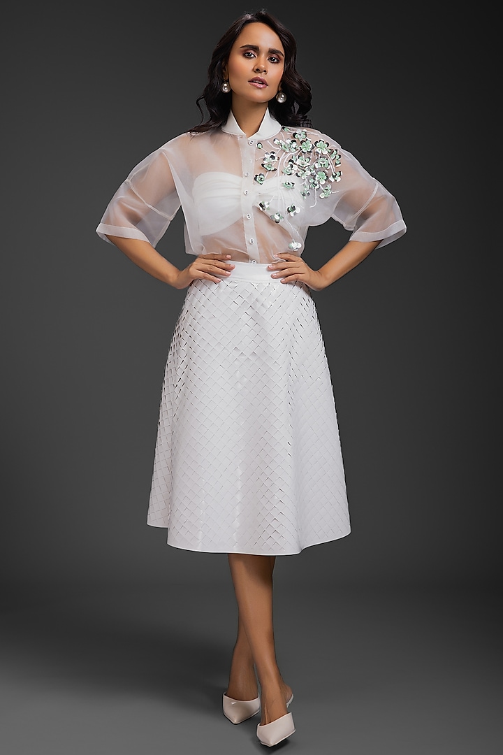 White Vegan Leather Sculpted Skirt Set by Deepika Arora at Pernia's Pop Up Shop