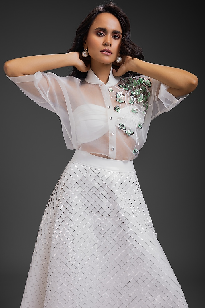White Vegan Leather Sculpted Skirt Set by Deepika Arora at Pernia's Pop Up Shop
