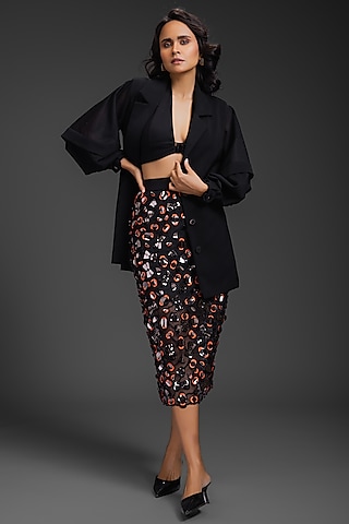 Black Rozella Crepe Blazer Set by Deepika Arora