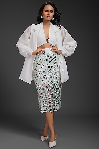 White Rozella Crepe Blazer Set by Deepika Arora