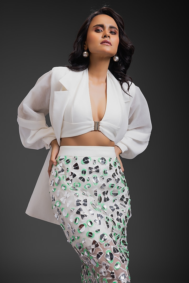 White Rozella Crepe Blazer Set by Deepika Arora at Pernia's Pop Up Shop
