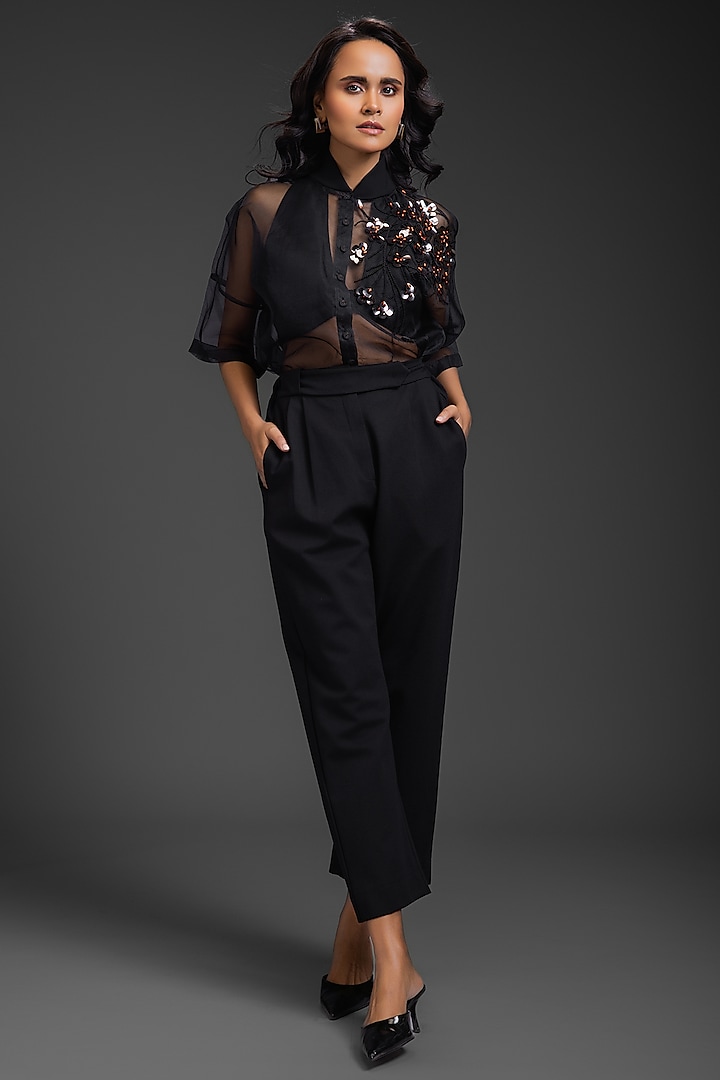Black Sheer Organza Embroidered Co-Ord Set by Deepika Arora at Pernia's Pop Up Shop