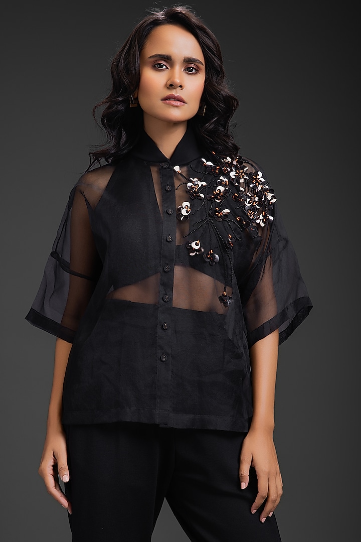 Black Sheer Organza Embroidered Co-Ord Set by Deepika Arora at Pernia's Pop Up Shop