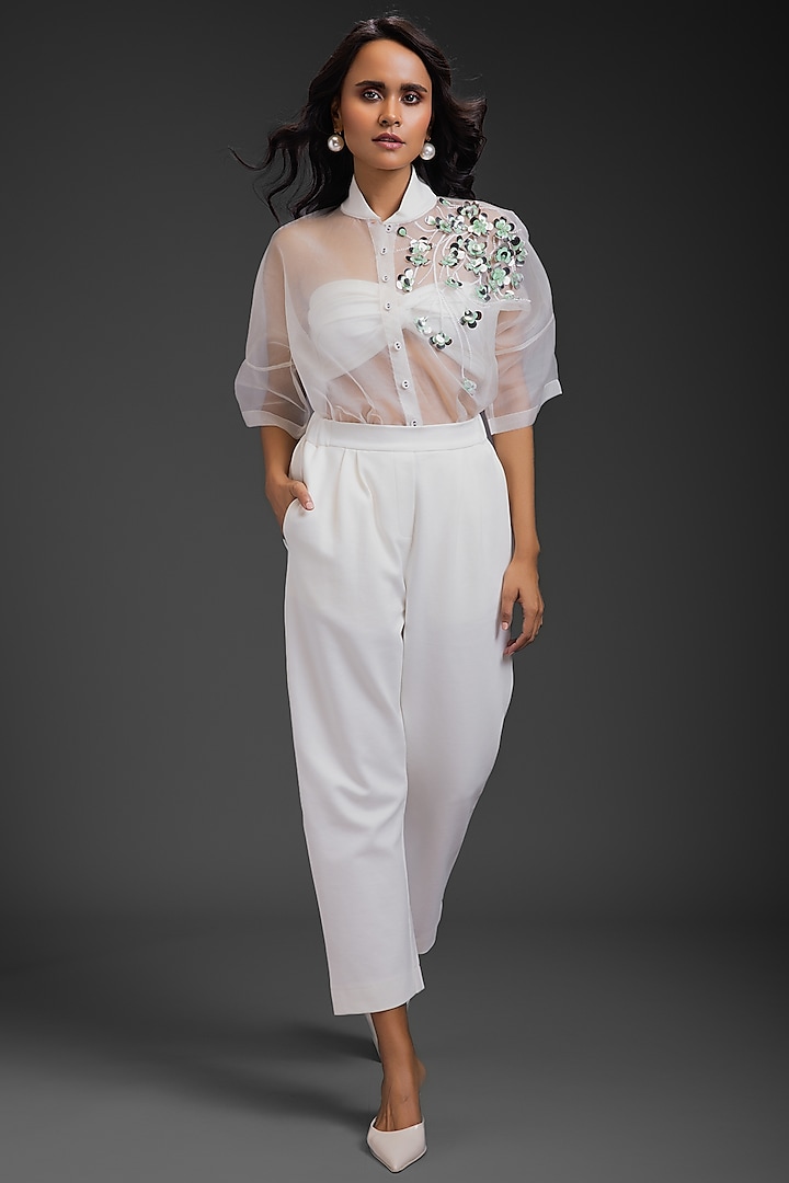 White Sheer Organza Embroidered Co-Ord Set by Deepika Arora at Pernia's Pop Up Shop