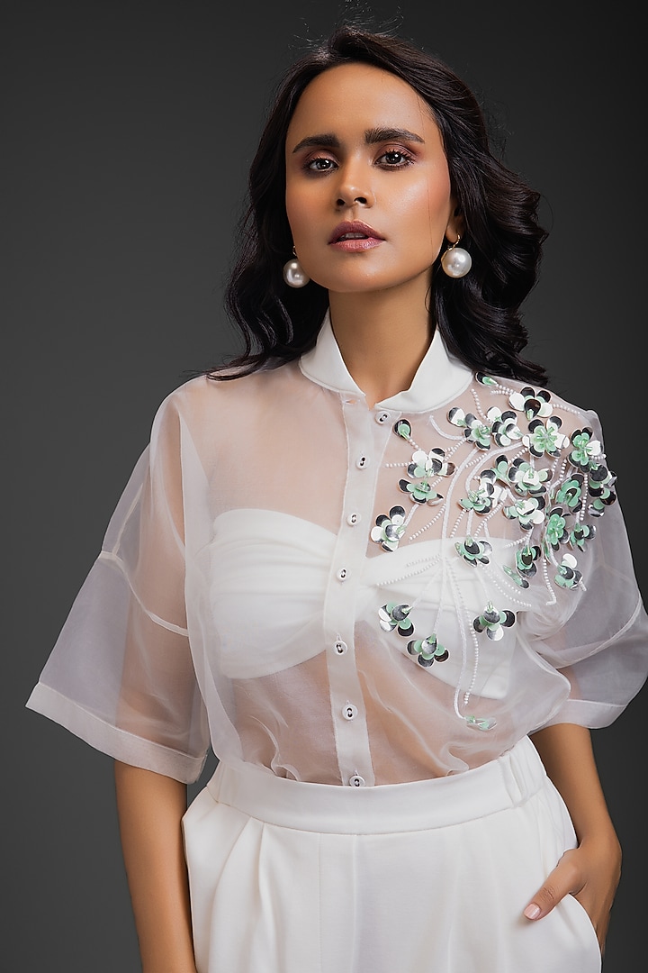 White Sheer Organza Embroidered Co-Ord Set by Deepika Arora at Pernia's Pop Up Shop