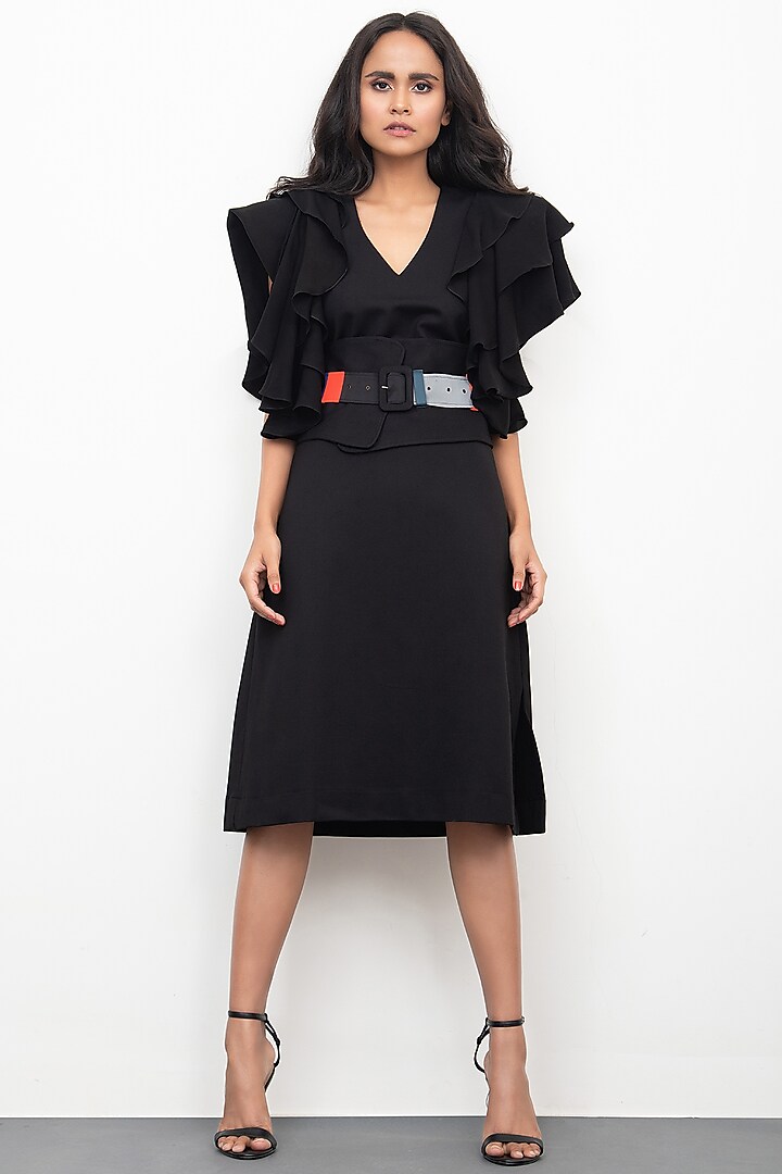 Black Midi Dress With Belt by Deepika Arora at Pernia's Pop Up Shop