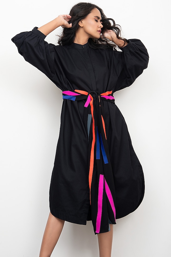 Black Summer Shirt Dress With Puffed Oversized Sleeves by Deepika Arora at Pernia's Pop Up Shop