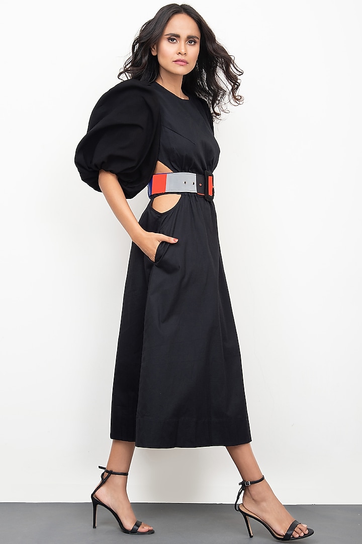 Black Cotton Midi Dress by Deepika Arora