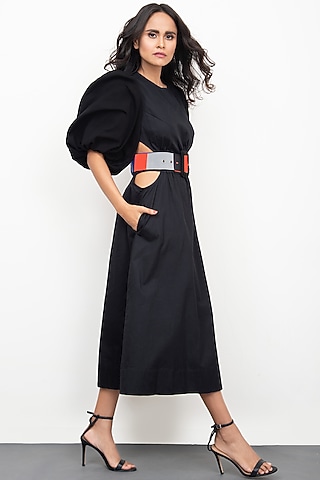 Black Cotton Midi Dress by Deepika Arora