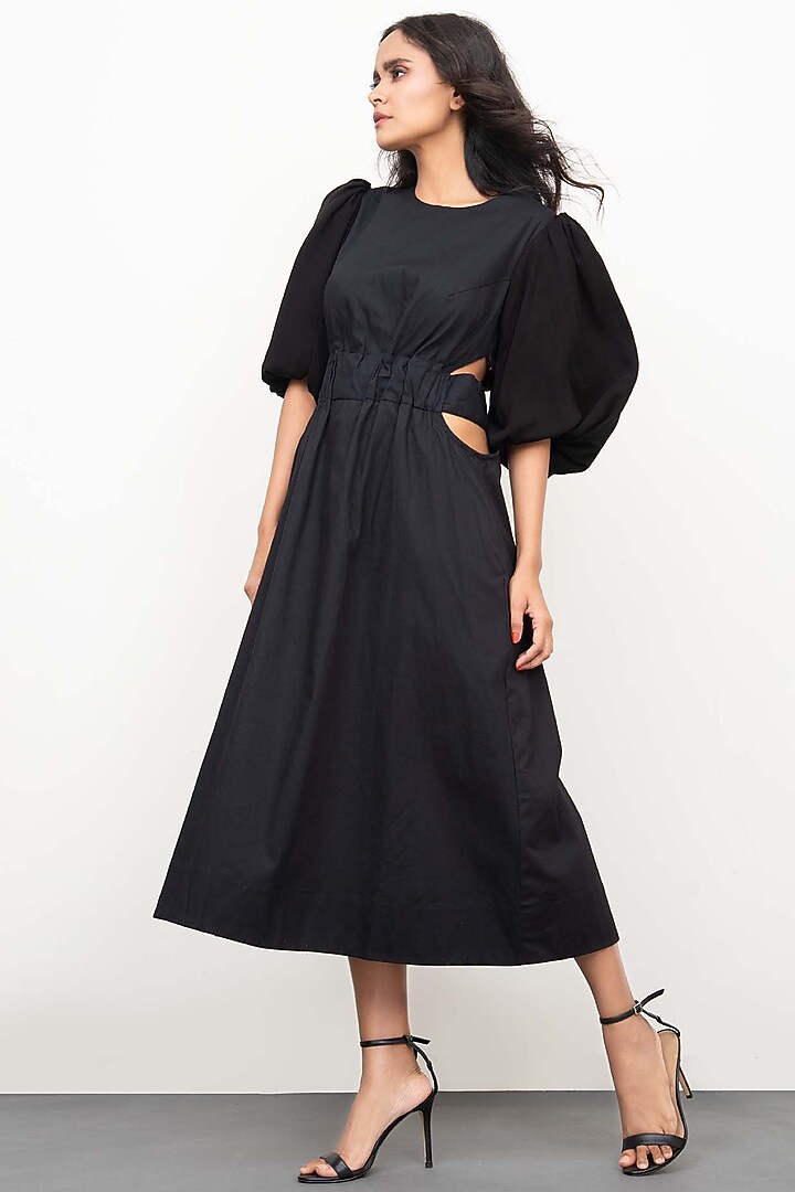 Black Cotton Midi Summer Dress by Deepika Arora at Pernia's Pop Up Shop