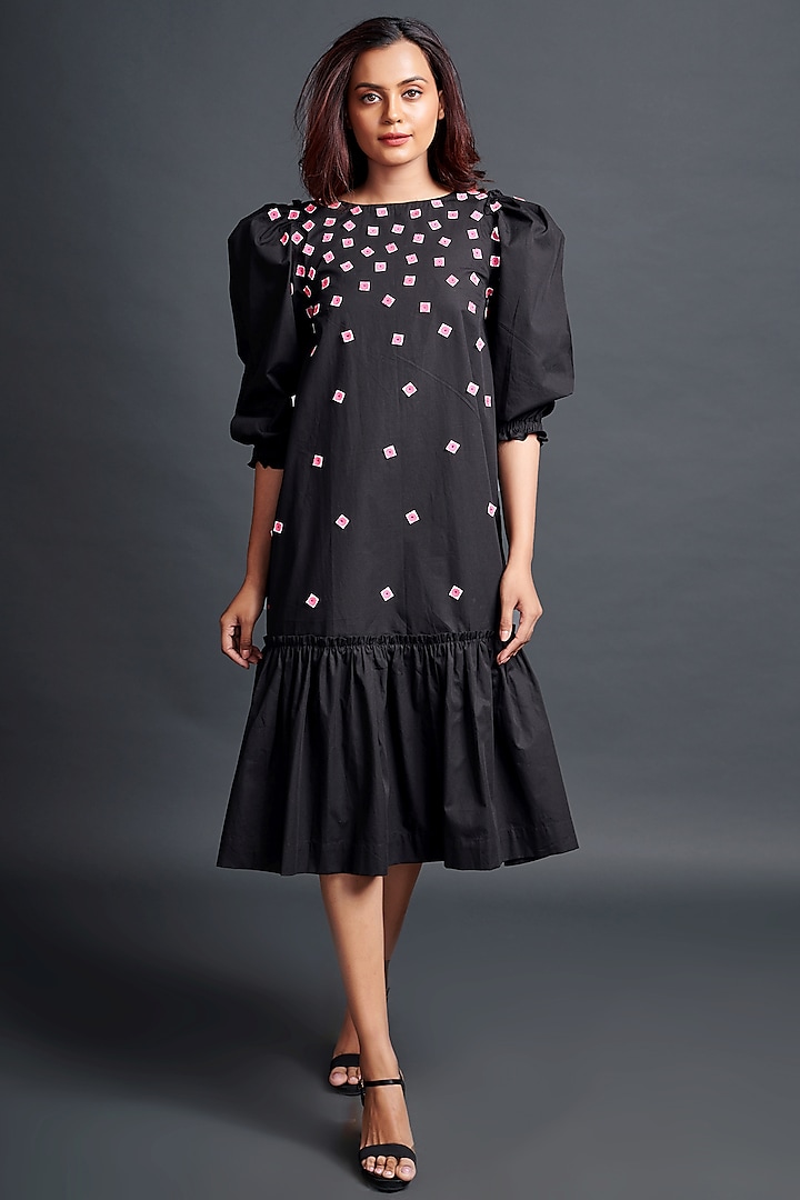 Black Cotton Embroidered Dress by Deepika Arora at Pernia's Pop Up Shop