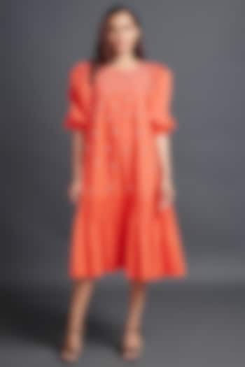 Orange Cotton Embroidered Dress by Deepika Arora
