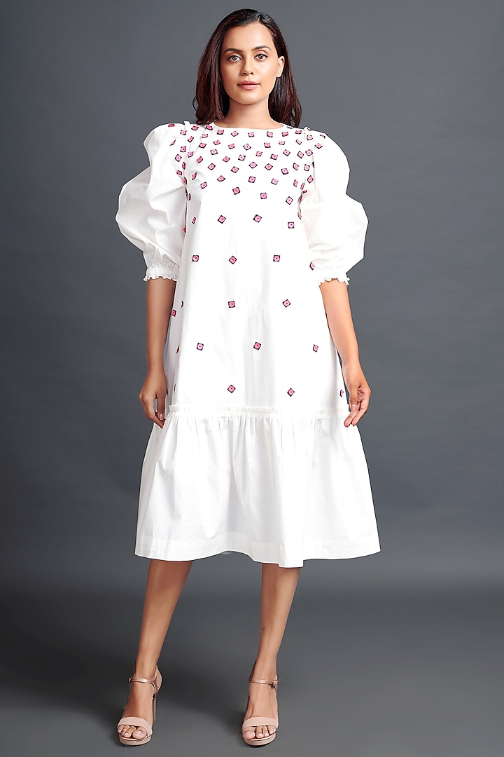 White Cotton Embroidered Dress by Deepika Arora at Pernia's Pop Up Shop