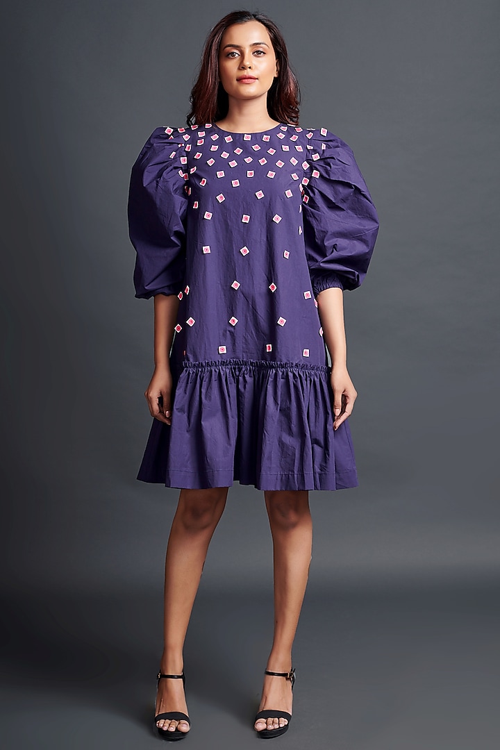 Purple Cotton Embroidered Dress by Deepika Arora