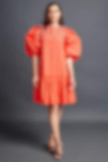 Orange Cotton Embroidered Dress by Deepika Arora