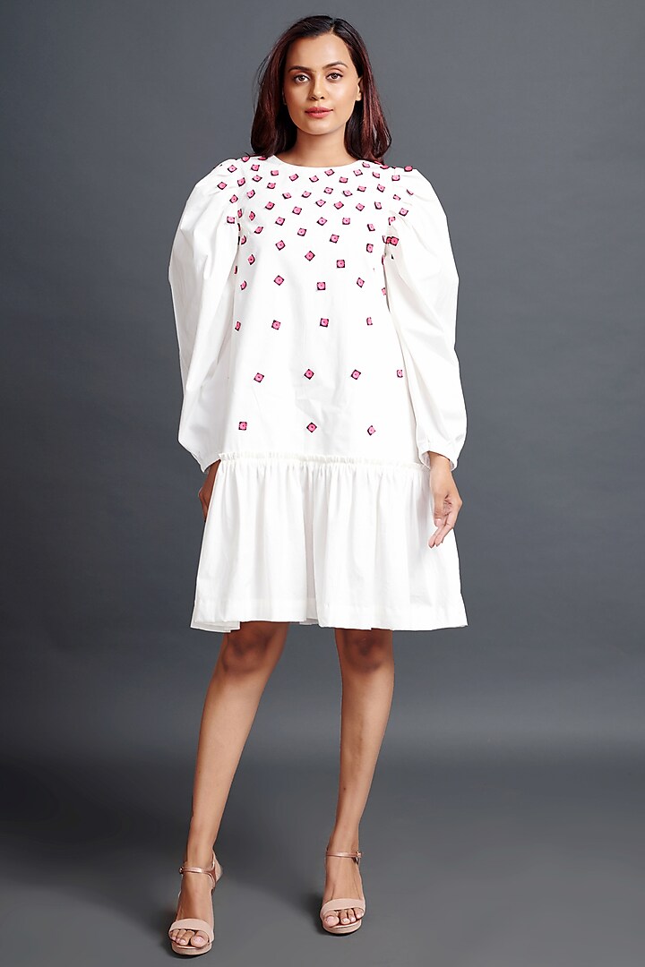 White Cotton Embroidered Dress by Deepika Arora at Pernia's Pop Up Shop