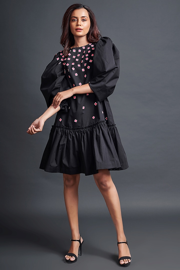 Black Cotton Embroidered Dress by Deepika Arora