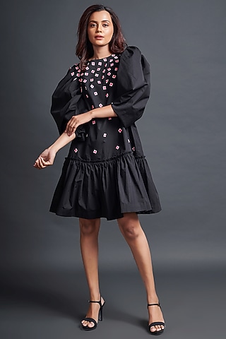 Black Cotton Embroidered Dress by Deepika Arora