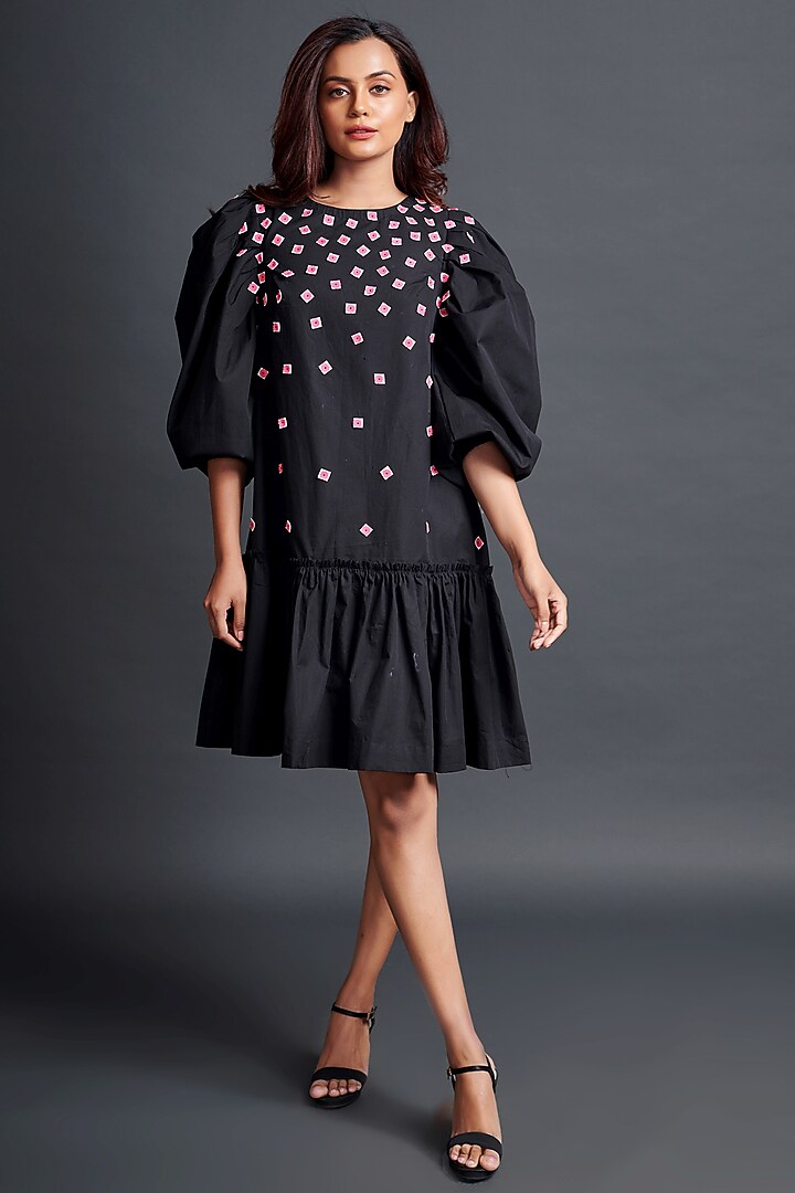 Black Cotton Embroidered Summer Dress by Deepika Arora at Pernia's Pop Up Shop