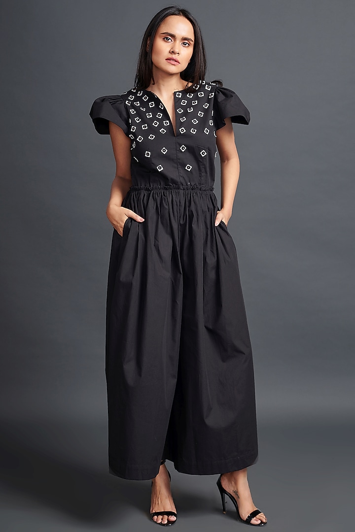 Black Cotton Embroidered Jumpsuit by Deepika Arora at Pernia's Pop Up Shop