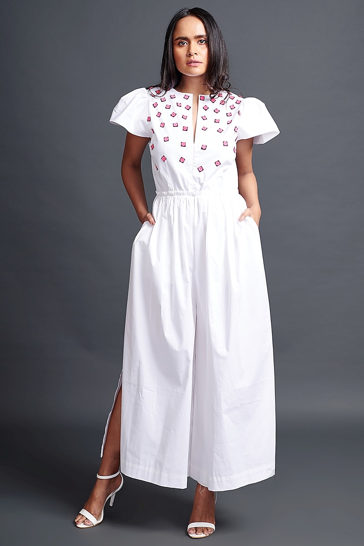 White Cotton Embroidered Jumpsuit by Deepika Arora