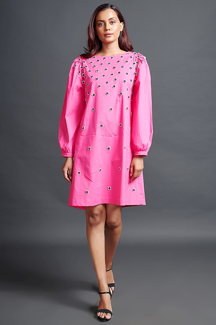 Pink Cotton Embroidered A-Line Dress by Deepika Arora