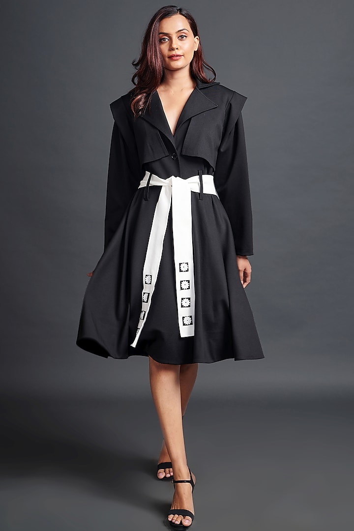 Black Ponte Roma Jacket Dress With Belt by Deepika Arora