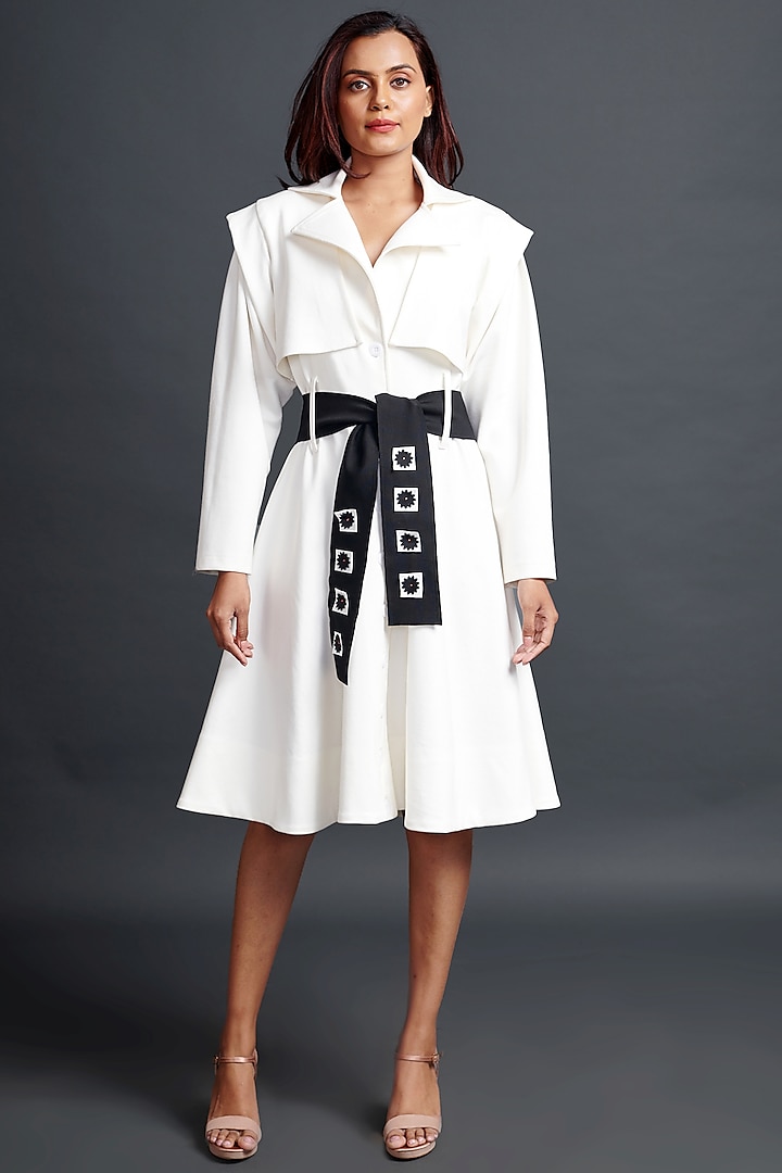 White Ponte Roma Jacket Dress With Belt by Deepika Arora at Pernia's Pop Up Shop