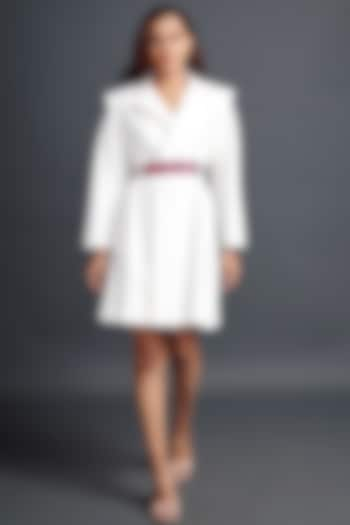 White Ponte Roma Jacket Dress With Belt by Deepika Arora at Pernia's Pop Up Shop