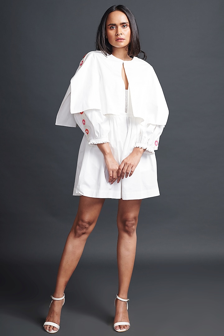 White Cotton Playsuit With Cape by Deepika Arora at Pernia's Pop Up Shop