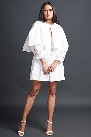 White Cotton Playsuit With Cape by Deepika Arora