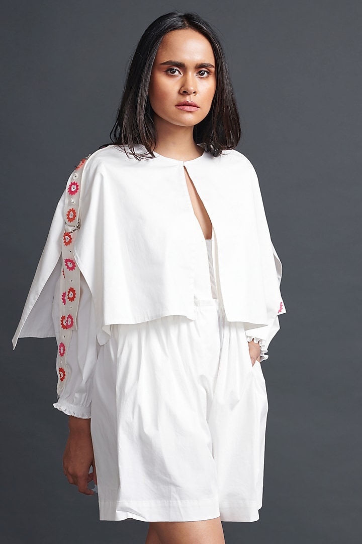 White Cotton Playsuit With Cape by Deepika Arora at Pernia's Pop Up Shop