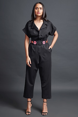 Black Ponte Roma Jumpsuit by Deepika Arora