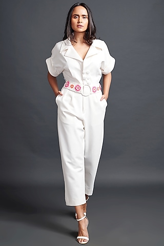 White Ponte Roma Jumpsuit by Deepika Arora