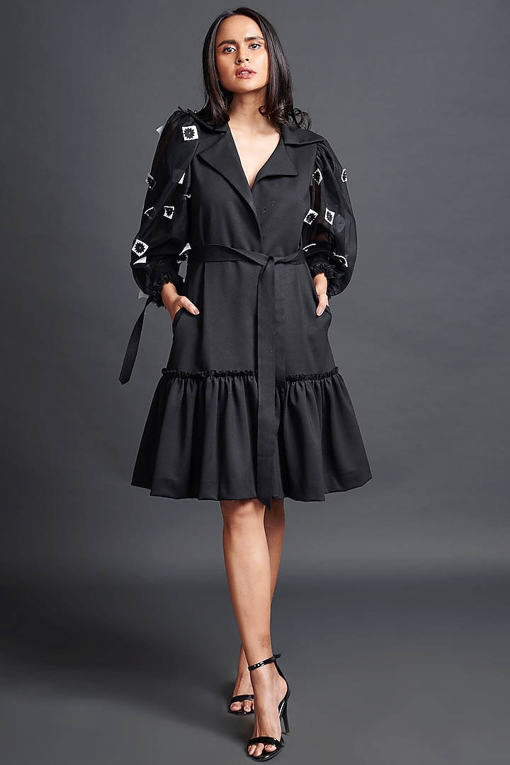 Black Ponte Roma Jacket Dress With Belt by Deepika Arora