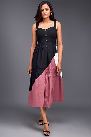 Pink Cotton Color-Block Flared Midi Dress by Deepika Arora