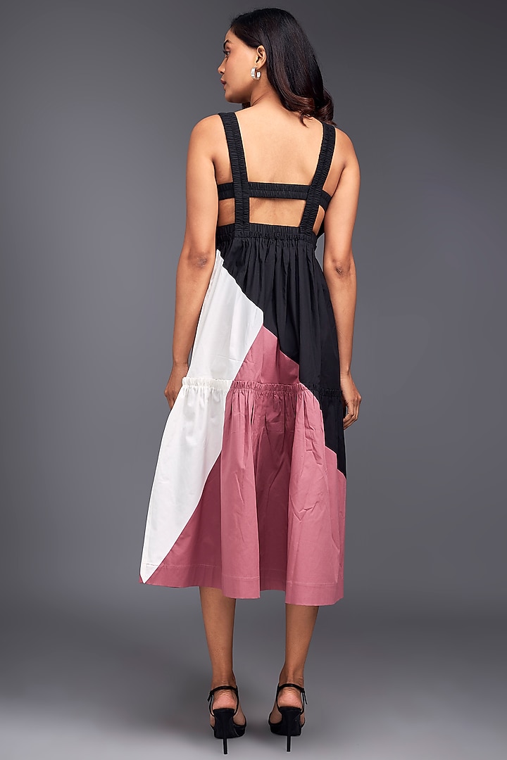 Pink Cotton Color-Block Flared Midi Summer Dress by Deepika Arora at Pernia's Pop Up Shop