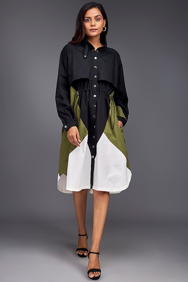 Green Cotton Color-Block Jacket Dress by Deepika Arora at Pernia's Pop Up Shop