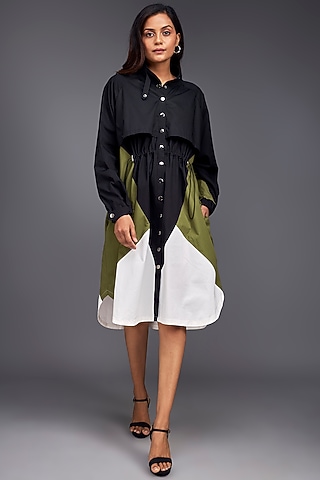 Green Cotton Color-Block Jacket Dress by Deepika Arora