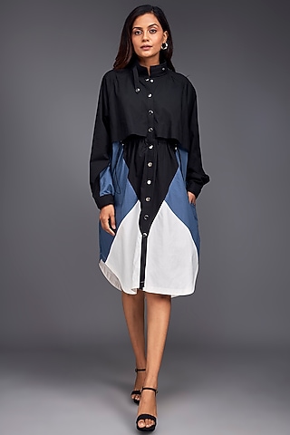 Blue Cotton Color-Block Jacket Dress by Deepika Arora