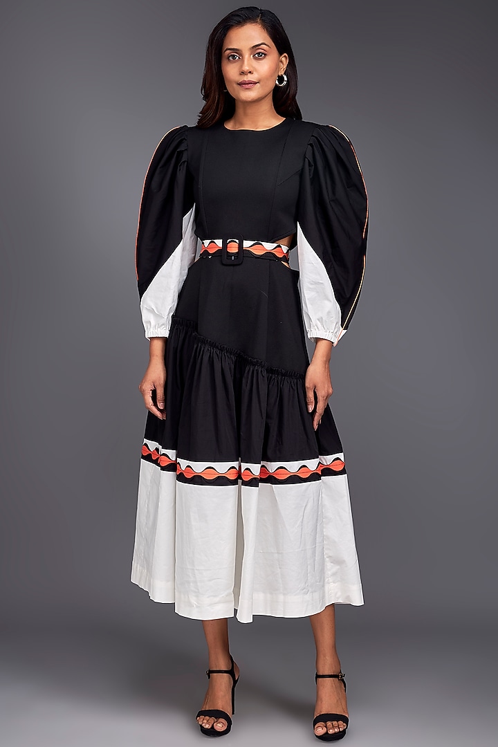 Black & White Cotton Color-Block Midi Dress by Deepika Arora at Pernia's Pop Up Shop