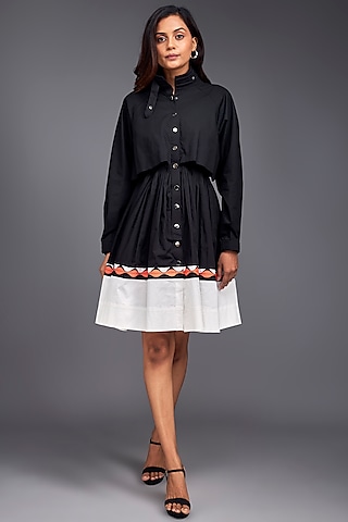 Black & White Cotton Color-Block Ruffled Mini Dress by Deepika Arora