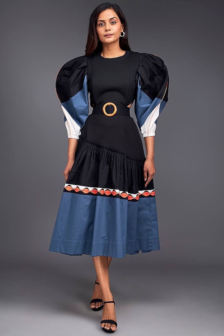 Black Cotton Color-Block Midi Dress by Deepika Arora at Pernia's Pop Up Shop