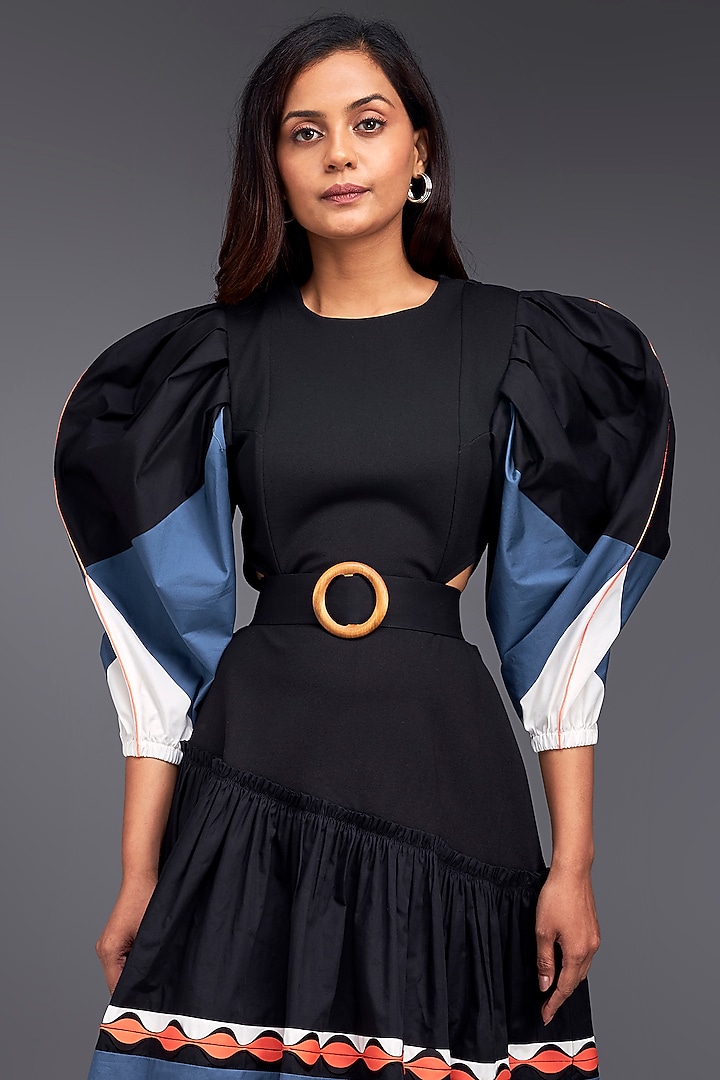 Black Cotton Color-Block Midi Summer Dress by Deepika Arora at Pernia's Pop Up Shop