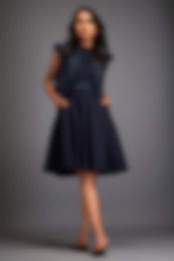 Navy Blue Ponte Roma & Net Floral Embroidered Jacket Vacation Dress by Deepika Arora at Pernia's Pop Up Shop