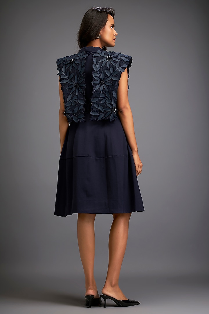 Navy Blue Ponte Roma & Net Floral Embroidered Jacket Vacation Dress by Deepika Arora at Pernia's Pop Up Shop