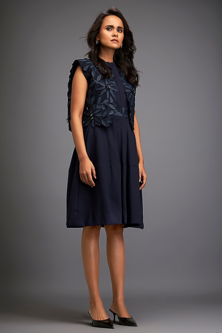 Navy Blue Ponte Roma & Net Floral Embroidered Jacket Vacation Dress by Deepika Arora at Pernia's Pop Up Shop