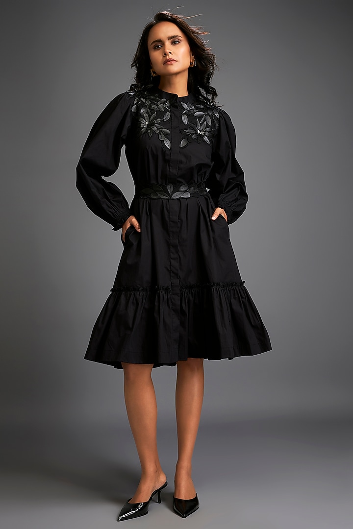 Black Cotton & Vegan Leather Floral Embroidered Summer Dress by Deepika Arora at Pernia's Pop Up Shop