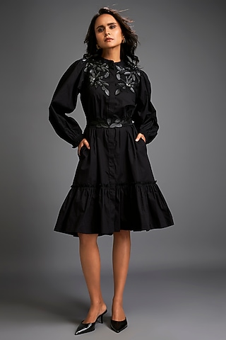 Black Cotton & Vegan Leather Floral Embroidered Dress by Deepika Arora